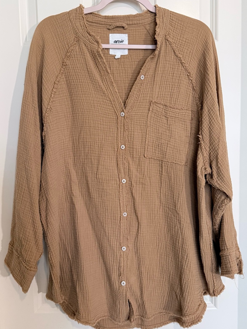 aerie Tan Gauze Button-Up Shirt with Chest Pocket